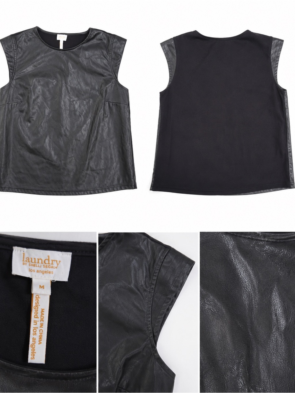 Laundry by Shelli Segal Black Faux Leather Front Top Size Medium